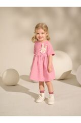 % 100 Pamuklu Pembe Tavşan Desenli Kısa Kollu Elbise