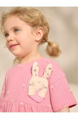 % 100 Pamuklu Pembe Tavşan Desenli Kısa Kollu Elbise