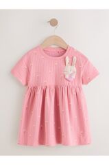 % 100 Pamuklu Pembe Tavşan Desenli Kısa Kollu Elbise
