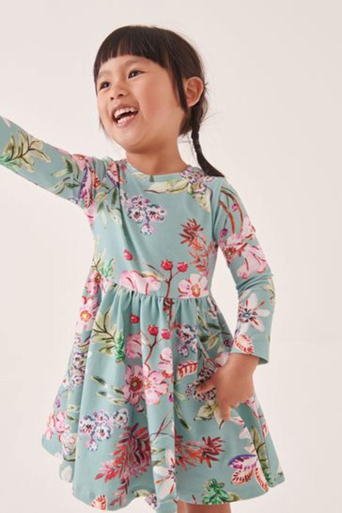 Next Baby Pamuklu Mavi Çiçek Desenli Uzun Kollu Elbise