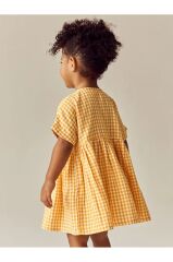 % 100 Pamuklu Sarı Ekoseli Çiçek Desenli Kısa Kollu Elbise