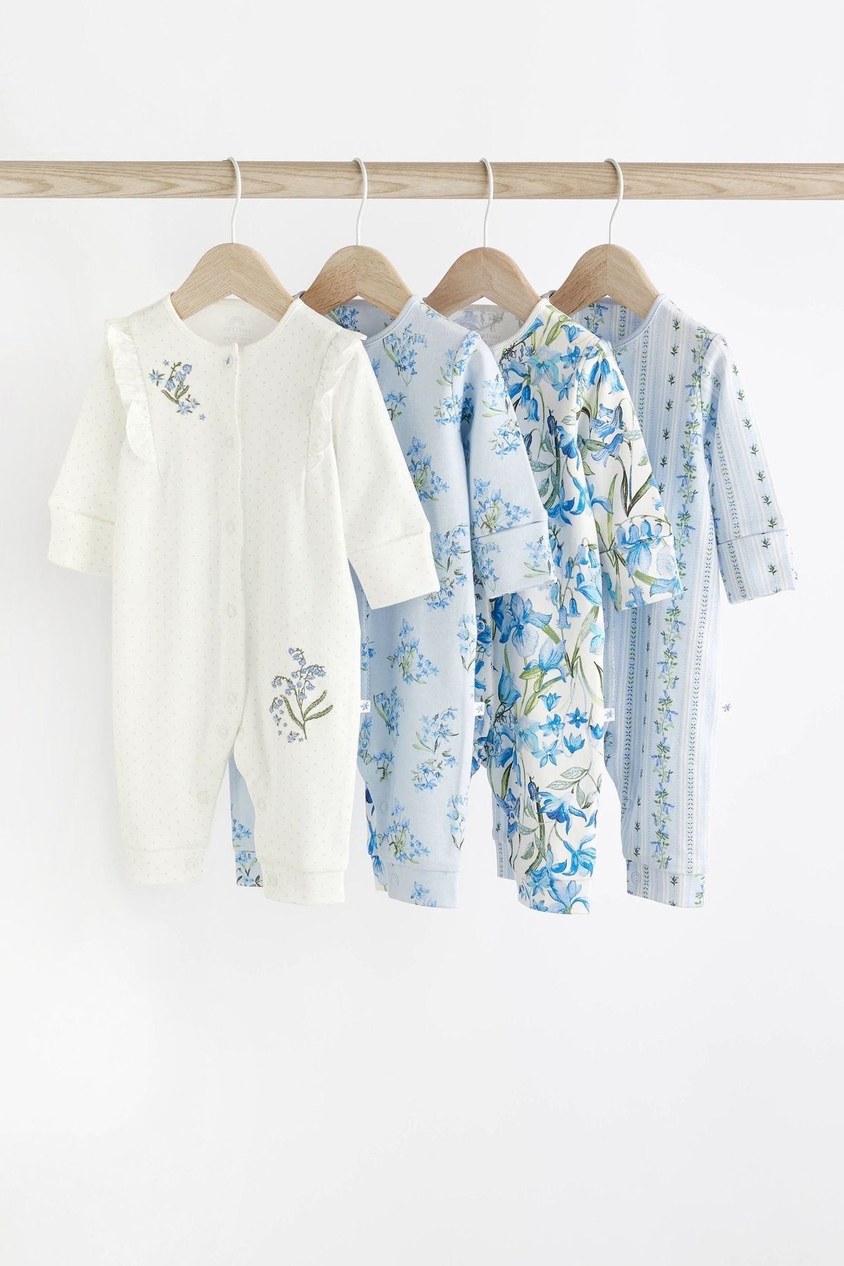 Next Baby % 100 Pamuklu Mavi Beyaz Çiçekli 4 ‘lü Tulum Set