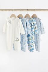 Next Baby % 100 Pamuklu Mavi Beyaz Çiçekli 4 ‘lü Tulum Set