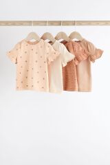 Next Baby % 100 Pamuklu Bej Pembe Çiçek Desenli Kısa Kollu 4’lü Thsirt
