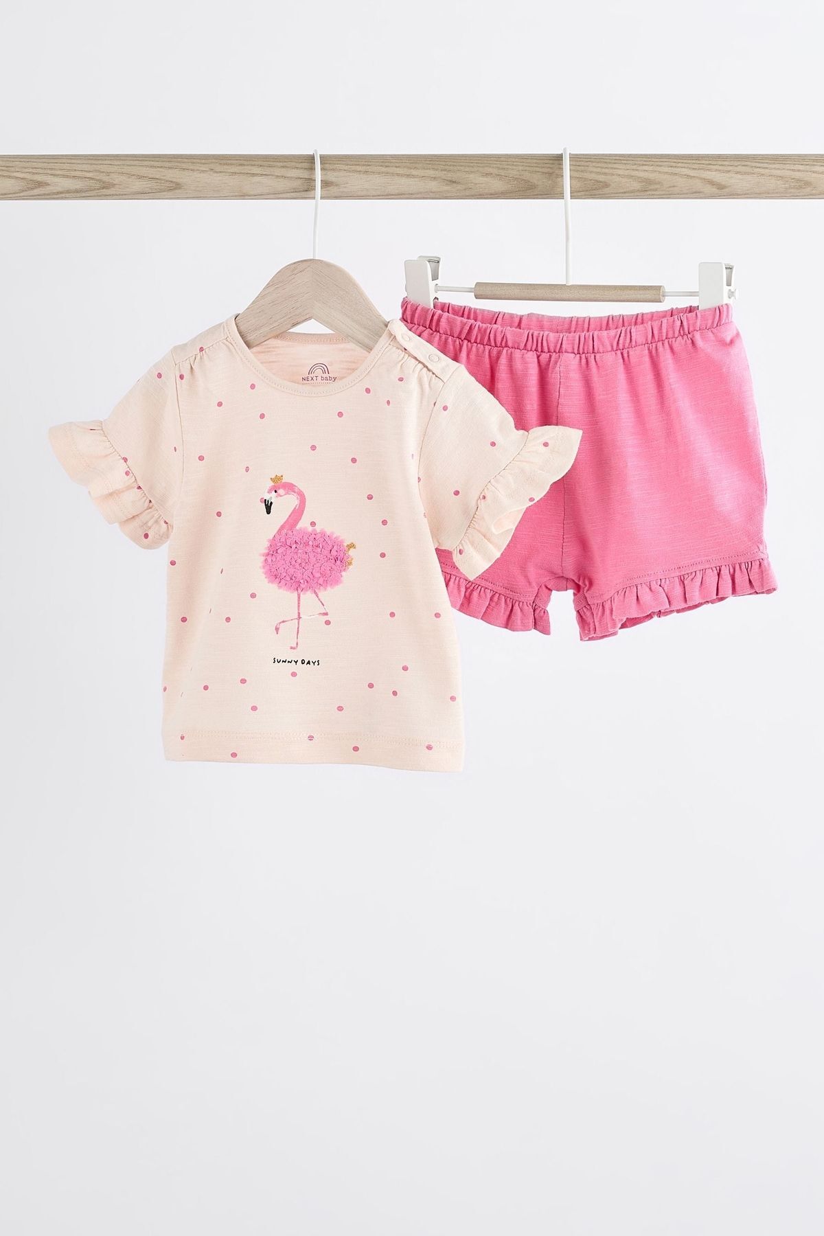 Next Baby % 100 Pamuklu Pembe Flamingo Desenli Kısa Kollu Şortlu Alt Üst Takım