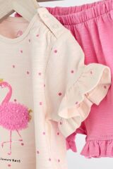 Next Baby % 100 Pamuklu Pembe Flamingo Desenli Kısa Kollu Şortlu Alt Üst Takım